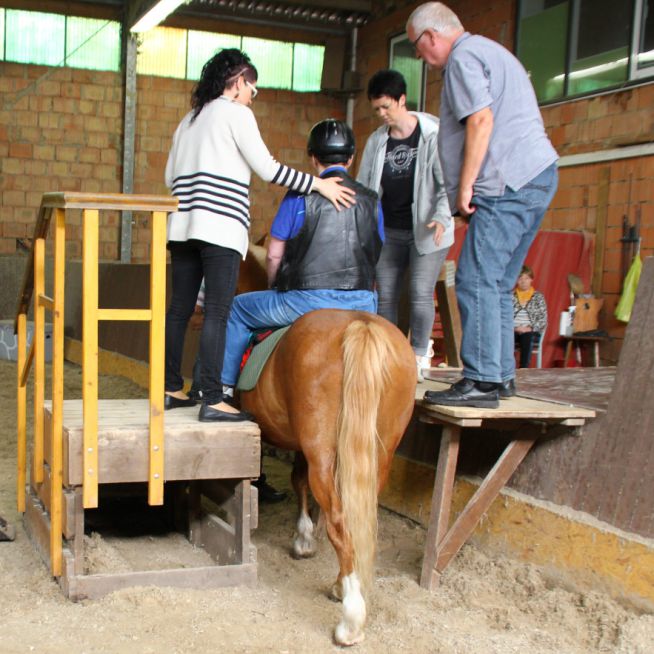 Hippotherapie - Helfen beim Aufsitzen auf das Therapie-Pferd